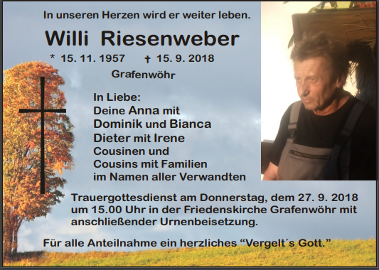 Traueranzeige Willi Riesenweber Grafenwöhr