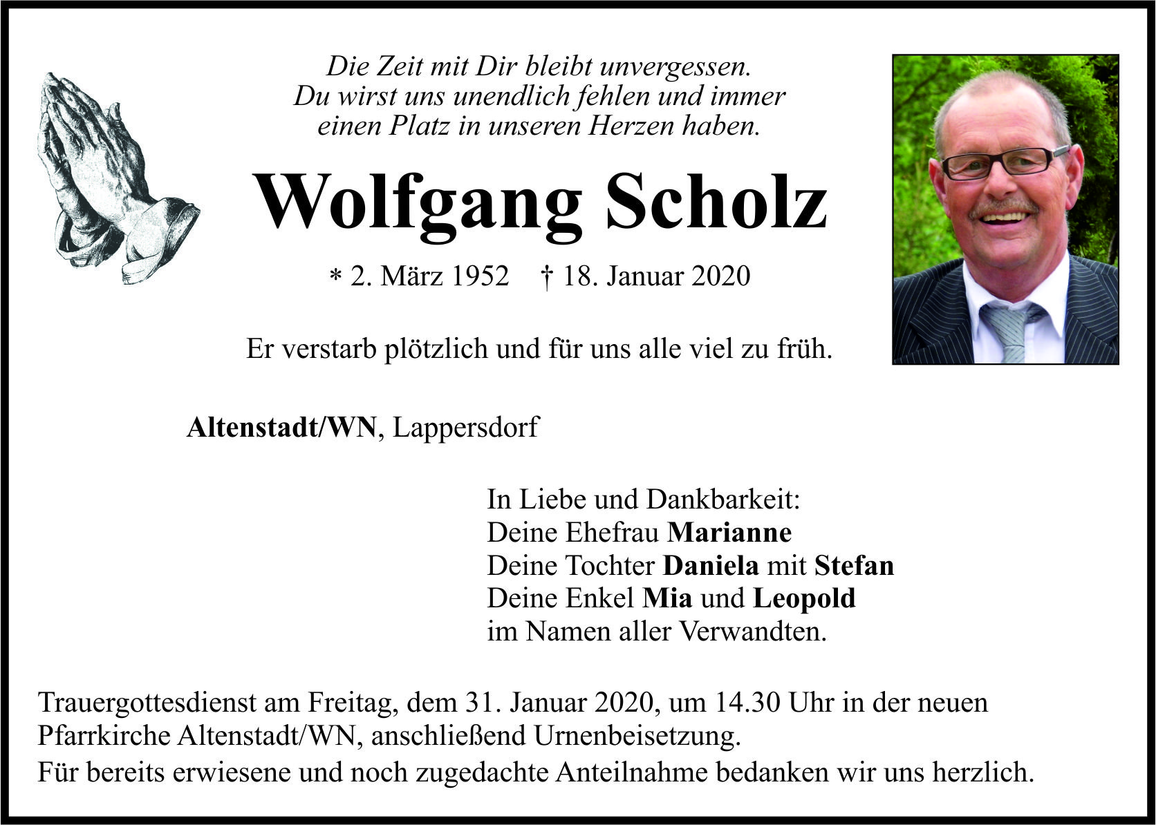 Traueranzeige Wolfgang Scholz, Altenstadt Waldnaab