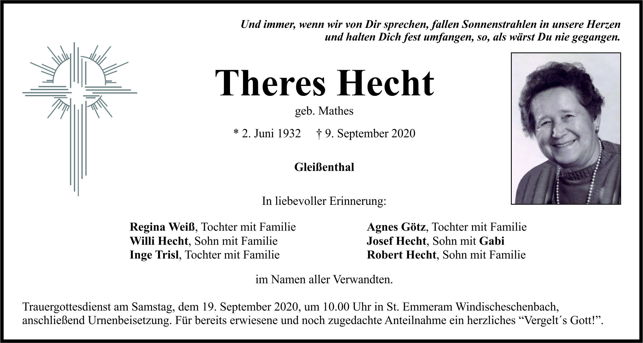 Traueranzeige theres Hecht, Gleißenthal