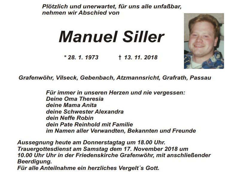 Traueranzeige von Manuel Siller, Grafenwöhr