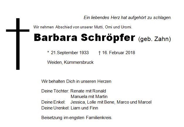 Traueranzeige Barbara Schröpfer