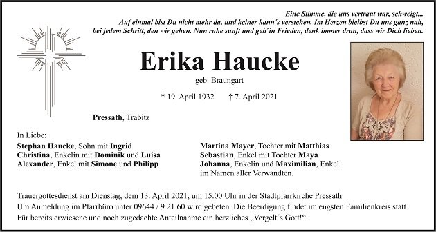 Traueranzeige Erika Haucke, Pressath