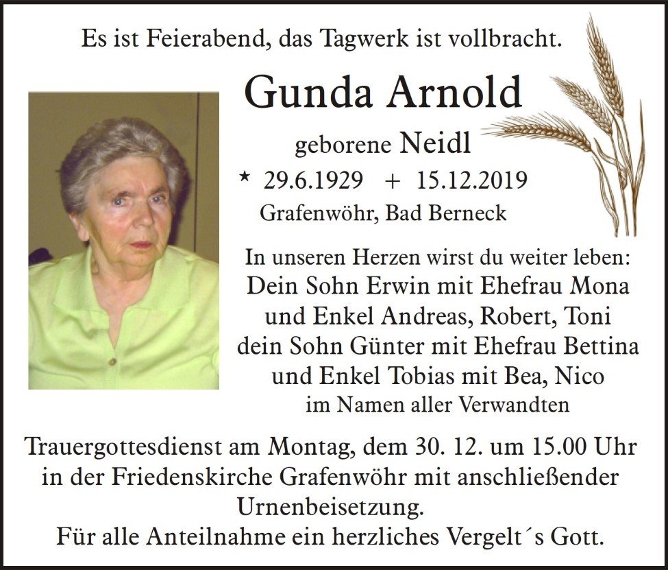Traueranzeige_Gunda Arnold_Grafenwöhr