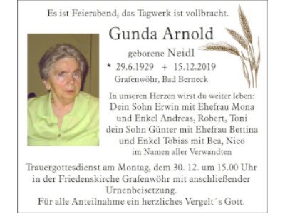Traueranzeige Gunda Arnold, Grafenwöhr