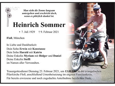 Traueranzeige Heinrich Sommer, Floß