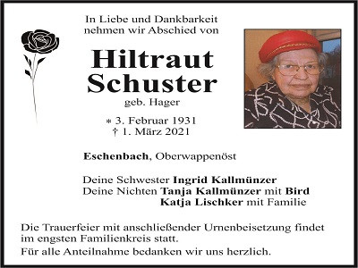 Traueranzeige Hiltraut Schuster, Eschenbach