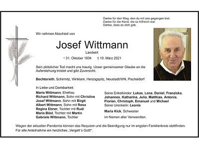 Traueranzeige Josef Wittmann, Bechtsrieth
