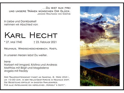 Traueranzeige Karl Hecht, Neuhaus