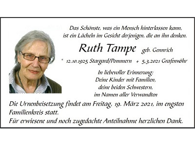 Traueranzeige Ruth Tampe, Grafenwöhr