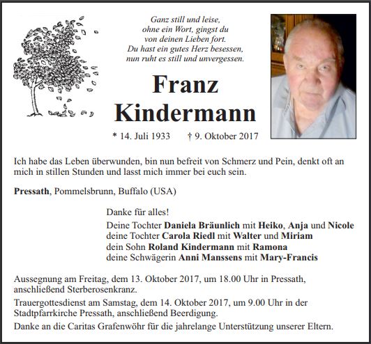 Traueranzeigen Franz Kindermann Pressath