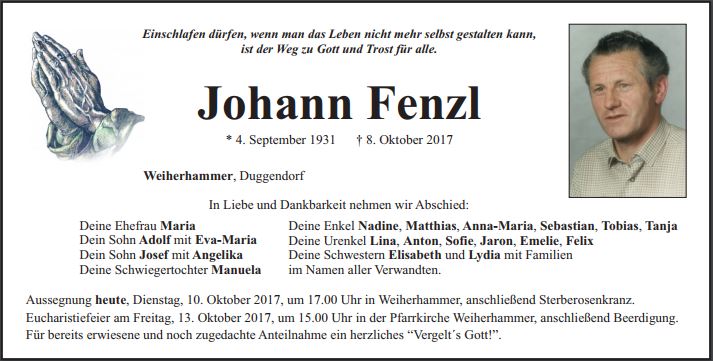 Traueranzeigen Johann Fenzl, Weiherhammer