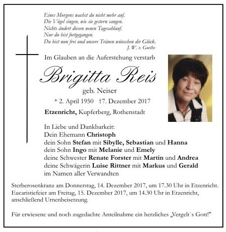 Traueranzeige Brigitta Reis Rothenstadt