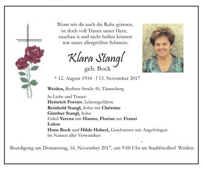 Traueranzeige Klara Stangl, Weiden