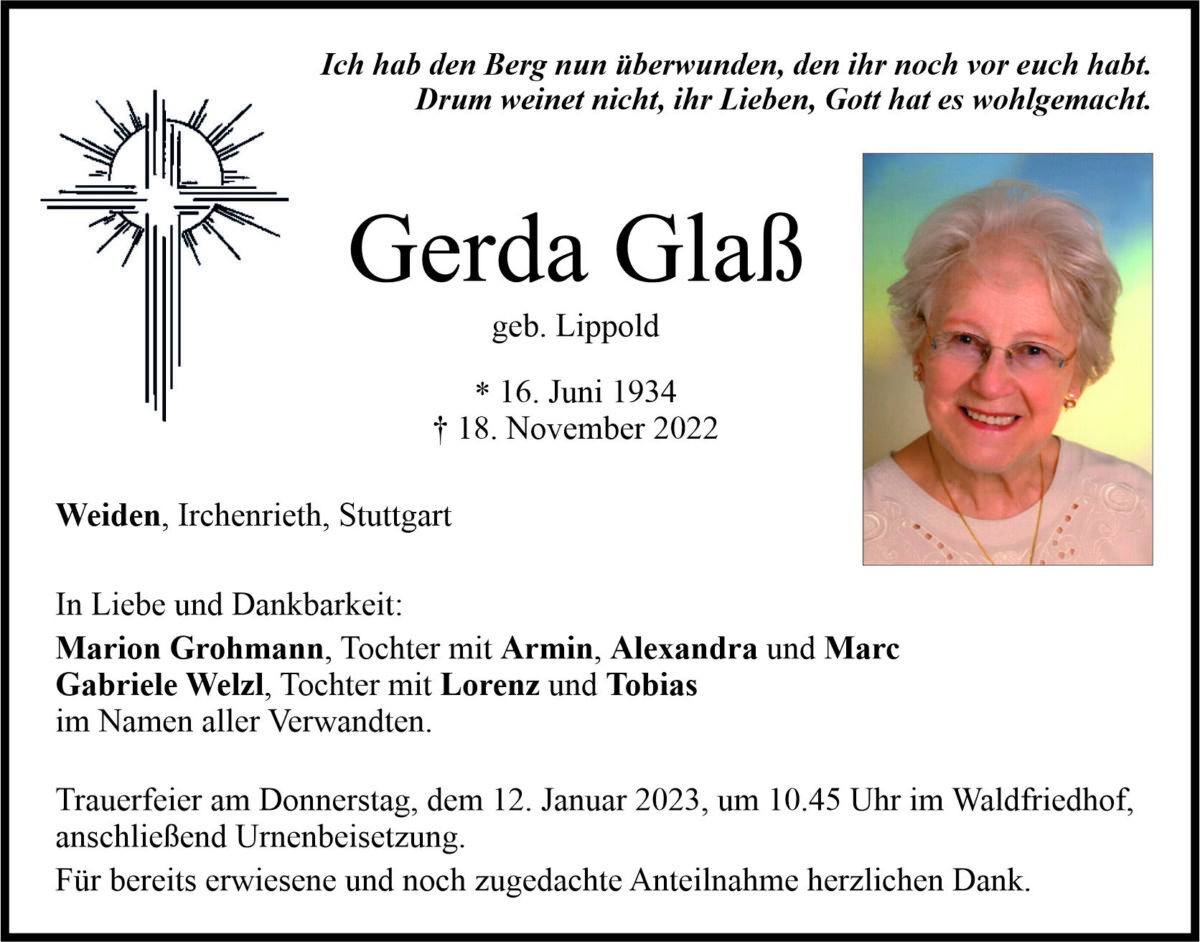 Traueranzeige Gerda Glaß, Weiden