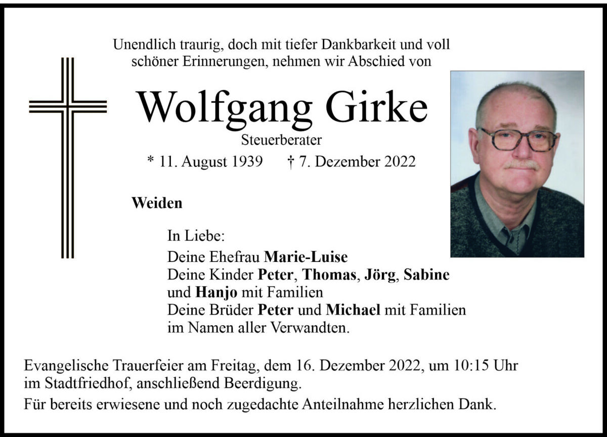 Traueranzeige Wolfgang Girke, Weiden