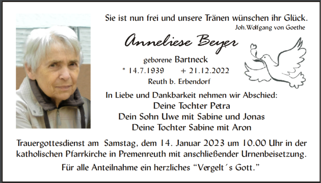 Traueranzeige Anneliese Beyer, Reuth b. Erbendorf