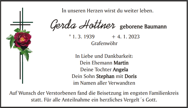 Traueranzeige Gerda Hottner, Grafenwöhr