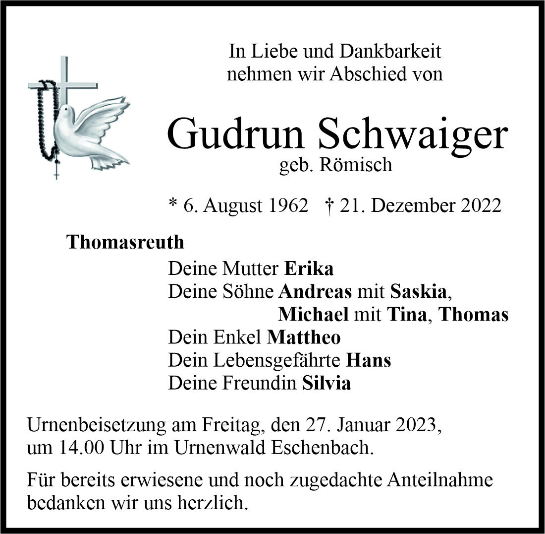 Traueranzeige Gudrun Schwaiger, Thomasreuth