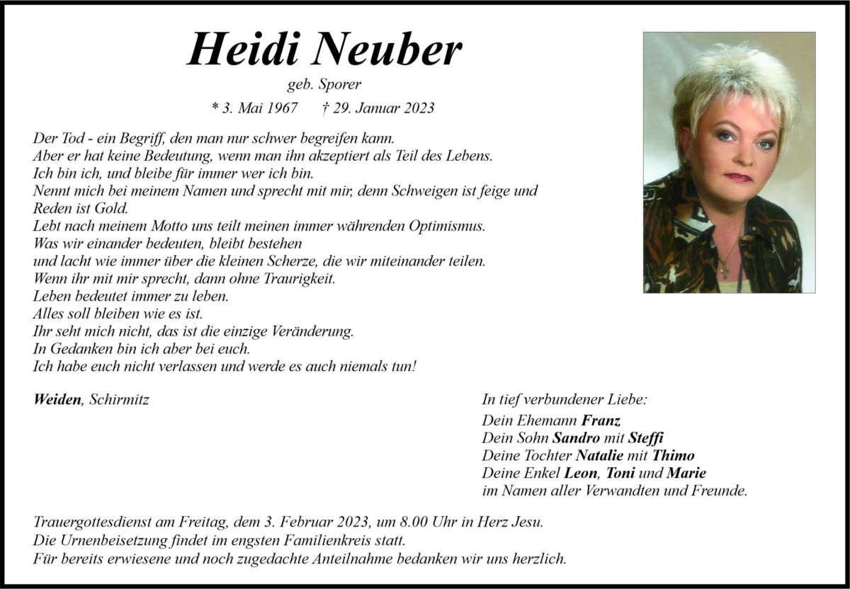 Traueranzeige Heidi Neuber, Weiden