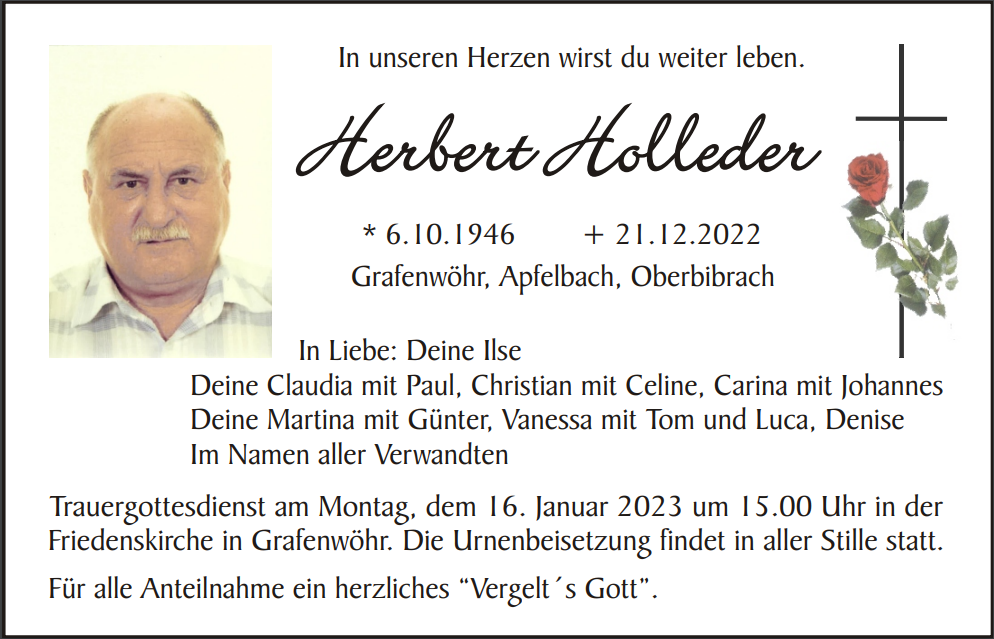 Traueranzeige Herbert Holleder, Grafenwöhr
