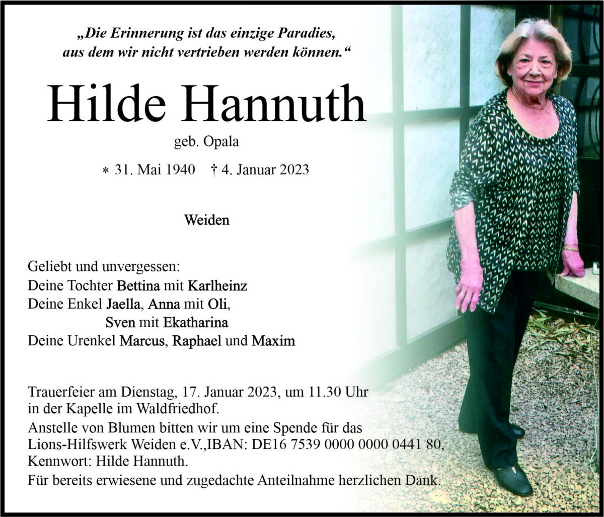Traueranzeige Hilde Hannuth, Weiden