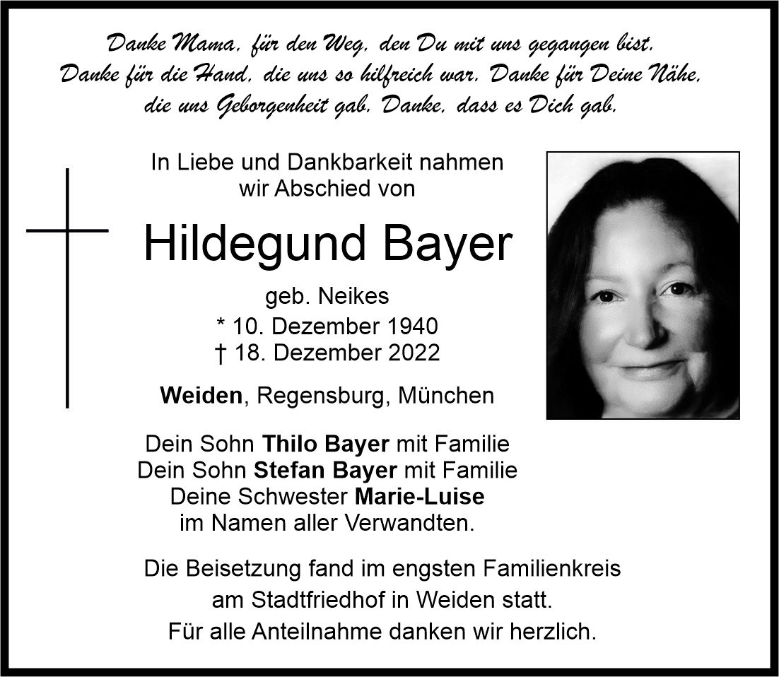 Traueranzeige Hildegund Bayer, Weiden
