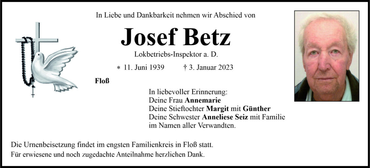 Traueranzeige Josef Betz, Floß