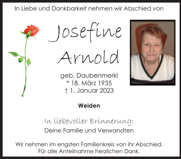 Traueranzeige Josefine Arnold, Weiden