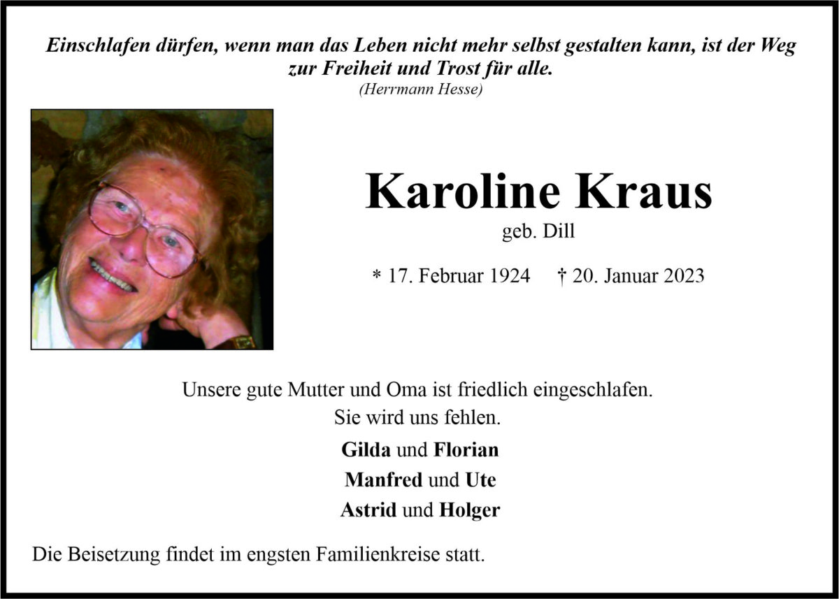 Traueranzeige Karoline Kraus