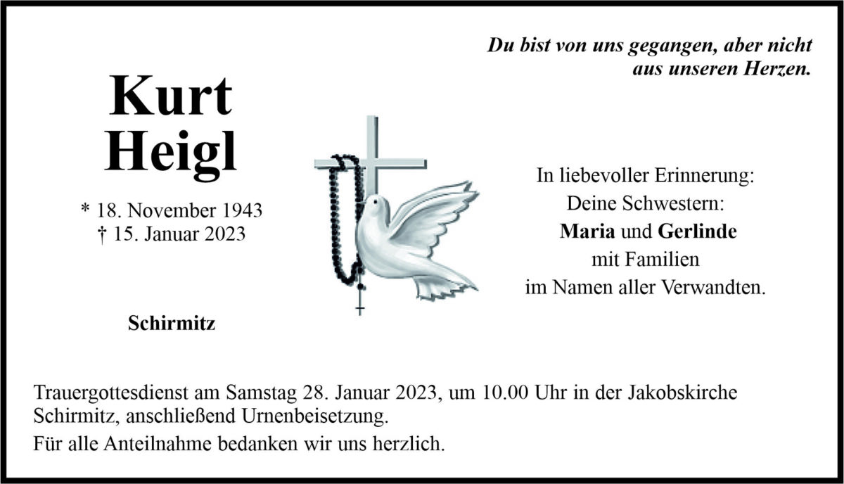 Traueranzeige Kurt Heigl, Schirmitz