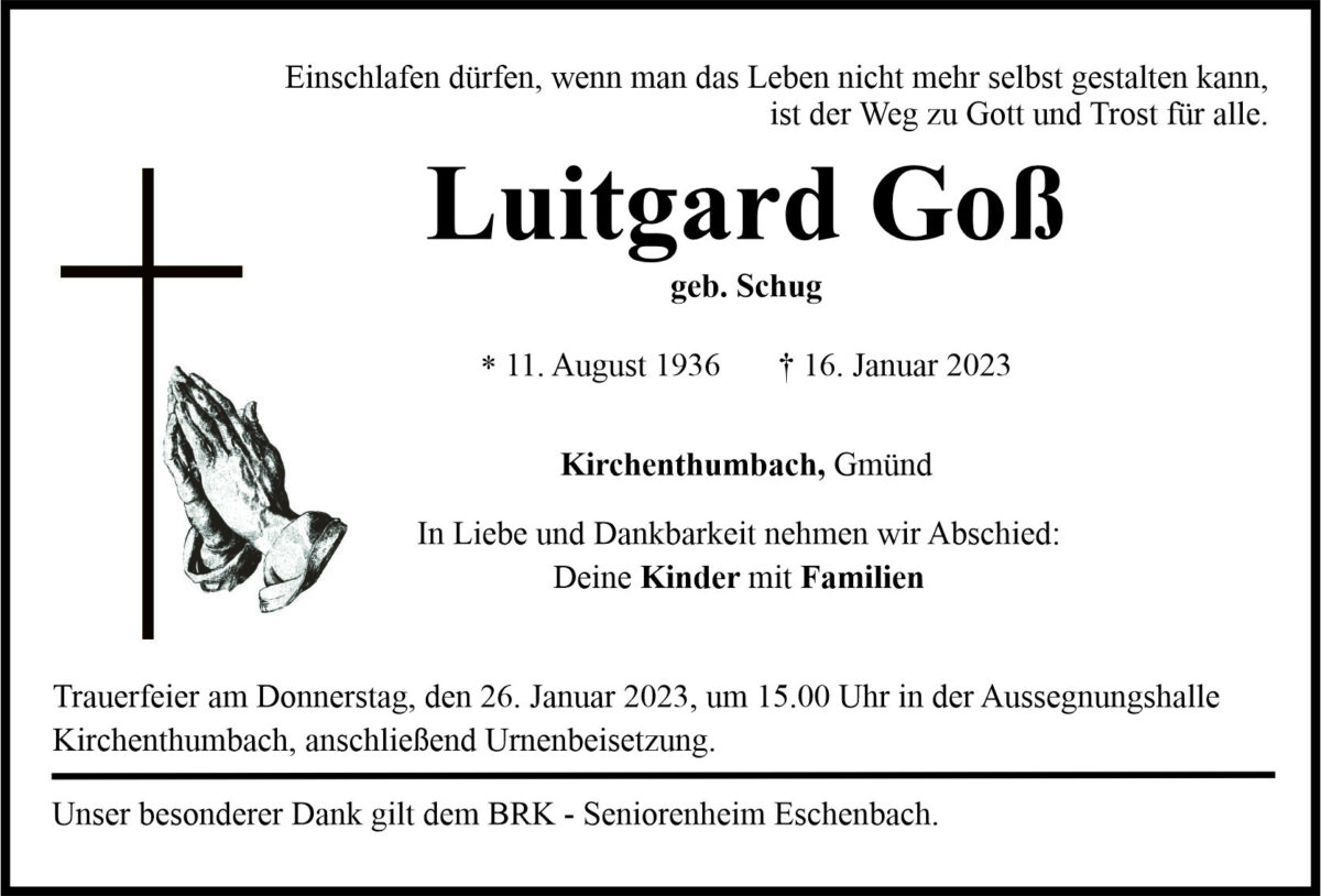 Traueranzeige Luitgard Goß, Kirchenthumbach