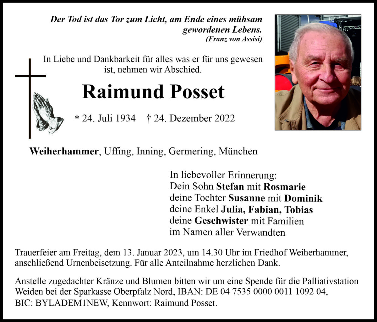 Traueranzeige Raimund Posset, Weiherhammer