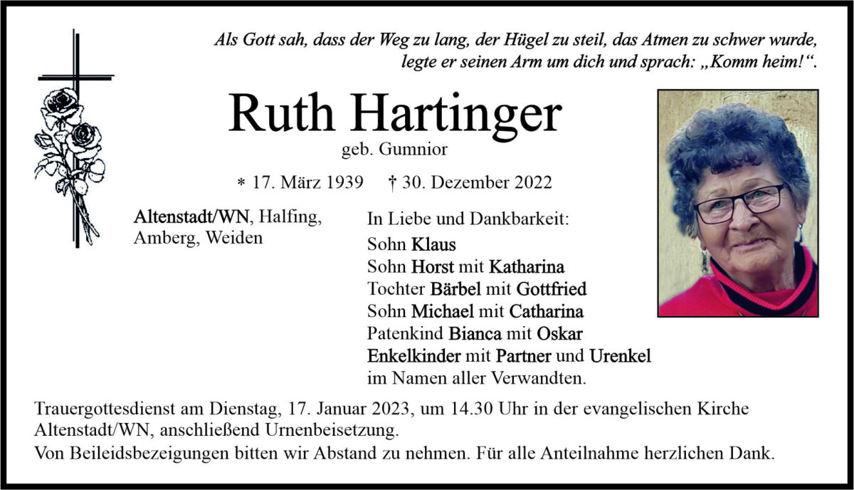 Traueranzeige Ruth Hartinger, Altenstadt/WN