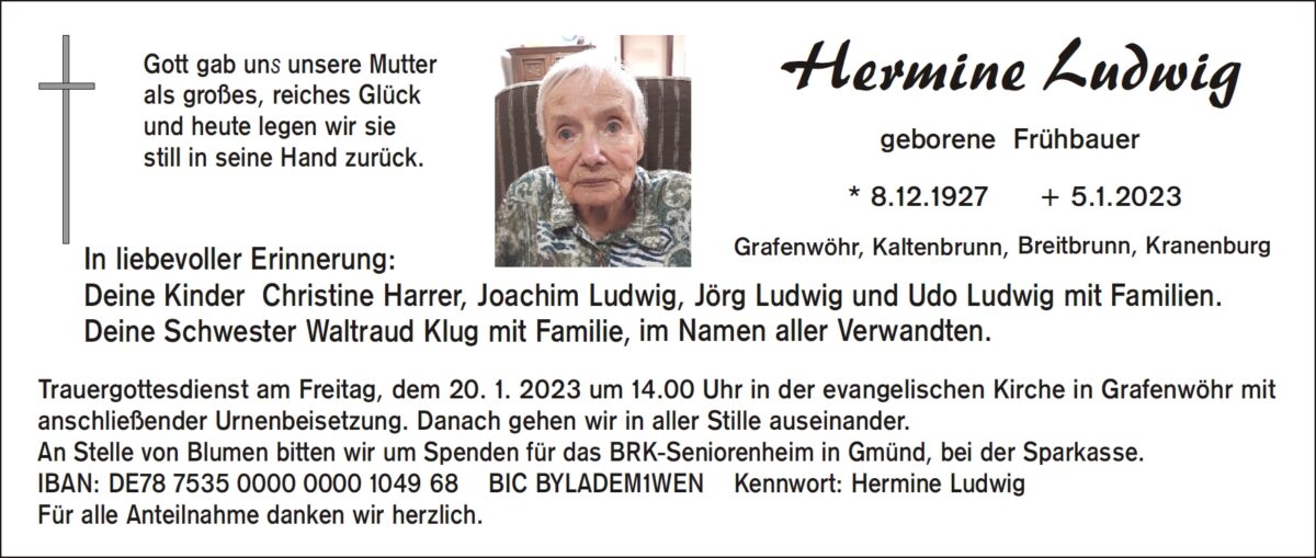 Traueranzeige Hermine Ludwig, Grafenwöhr