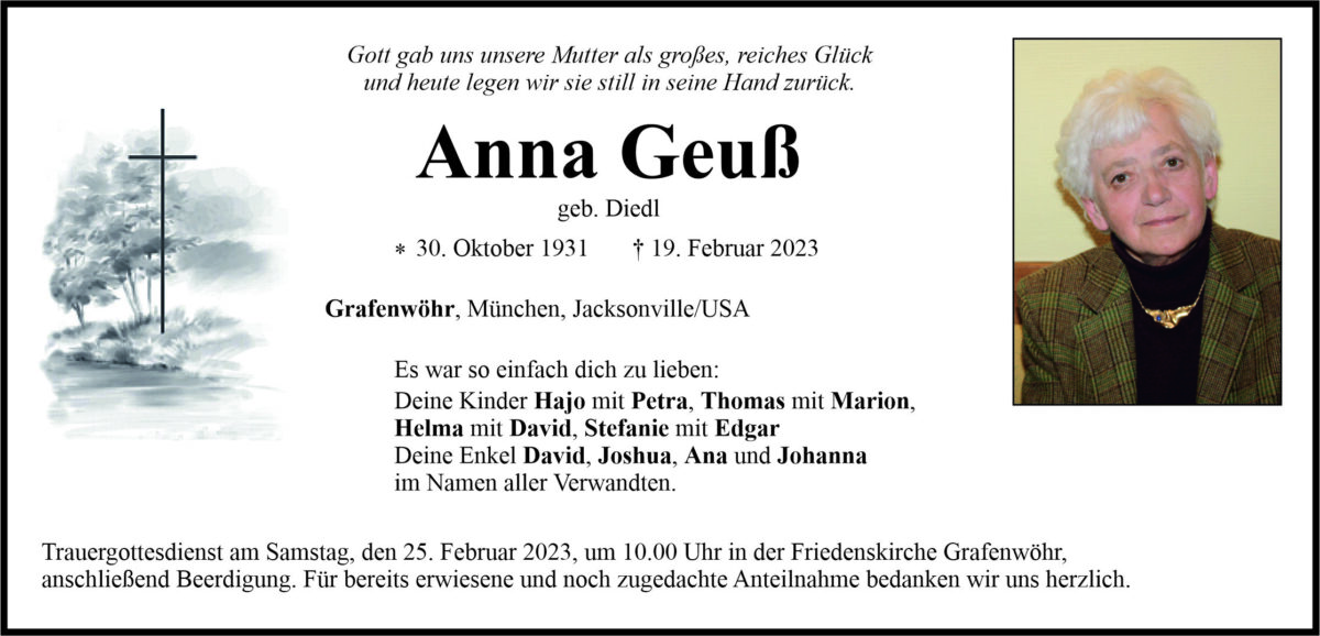 Traueranzeige Anna Geuß, Grafenwöhr