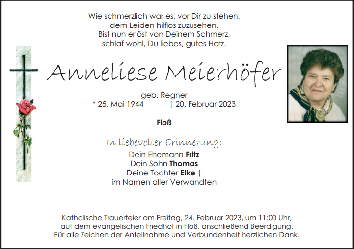 Traueranzeige Anneliese Meierhöfer, Floß