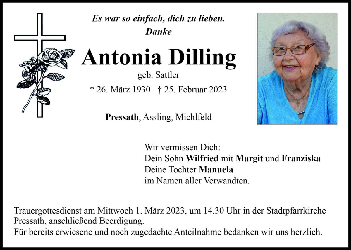 Traueranzeige Antonia Dilling, Pressath
