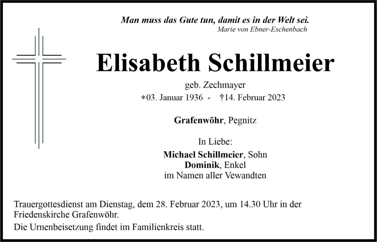 Traueranzeige Elisabeth Schillmeier, Grafenwöhr