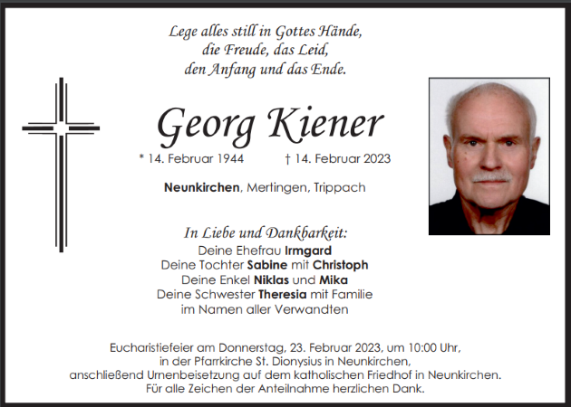 Traueranzeige Georg Kiener, Neunkirchen