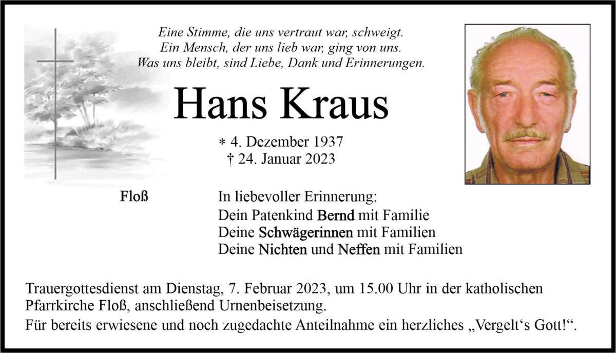 Traueranzeige Hans Kraus, Floß