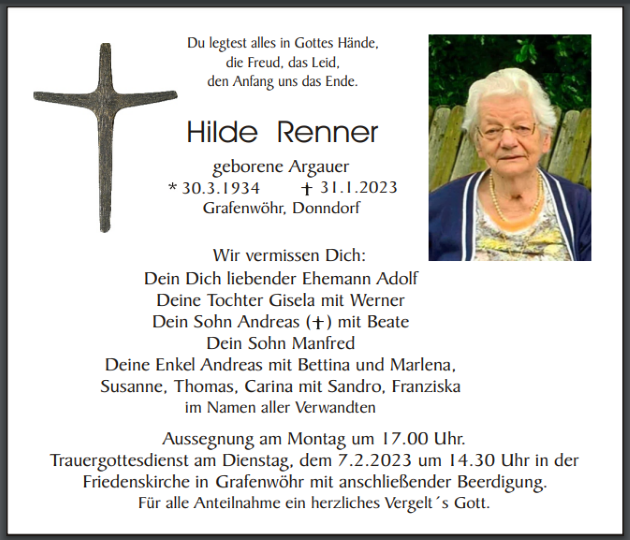 Traueranzeige Hilde Renner, Grafenwöhr