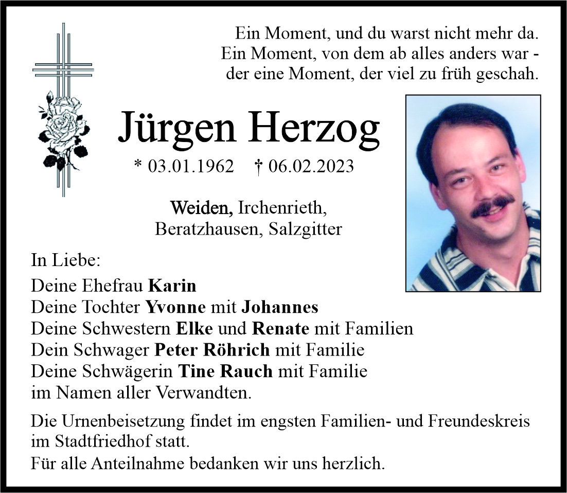 Traueranzeige Jürgen Herzog, Weiden