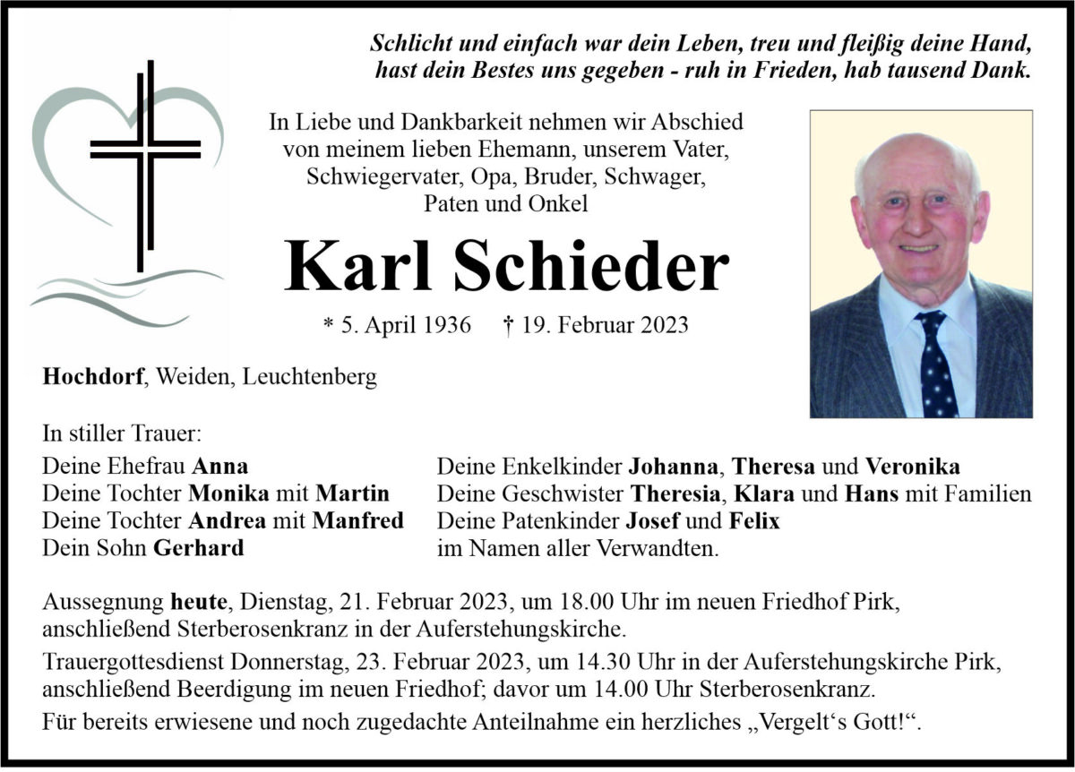 Traueranzeige Karl Schieder, Hochdorf
