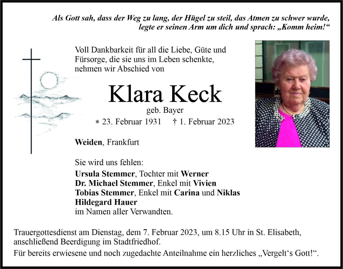 Traueranzeige Klara Keck, Weiden