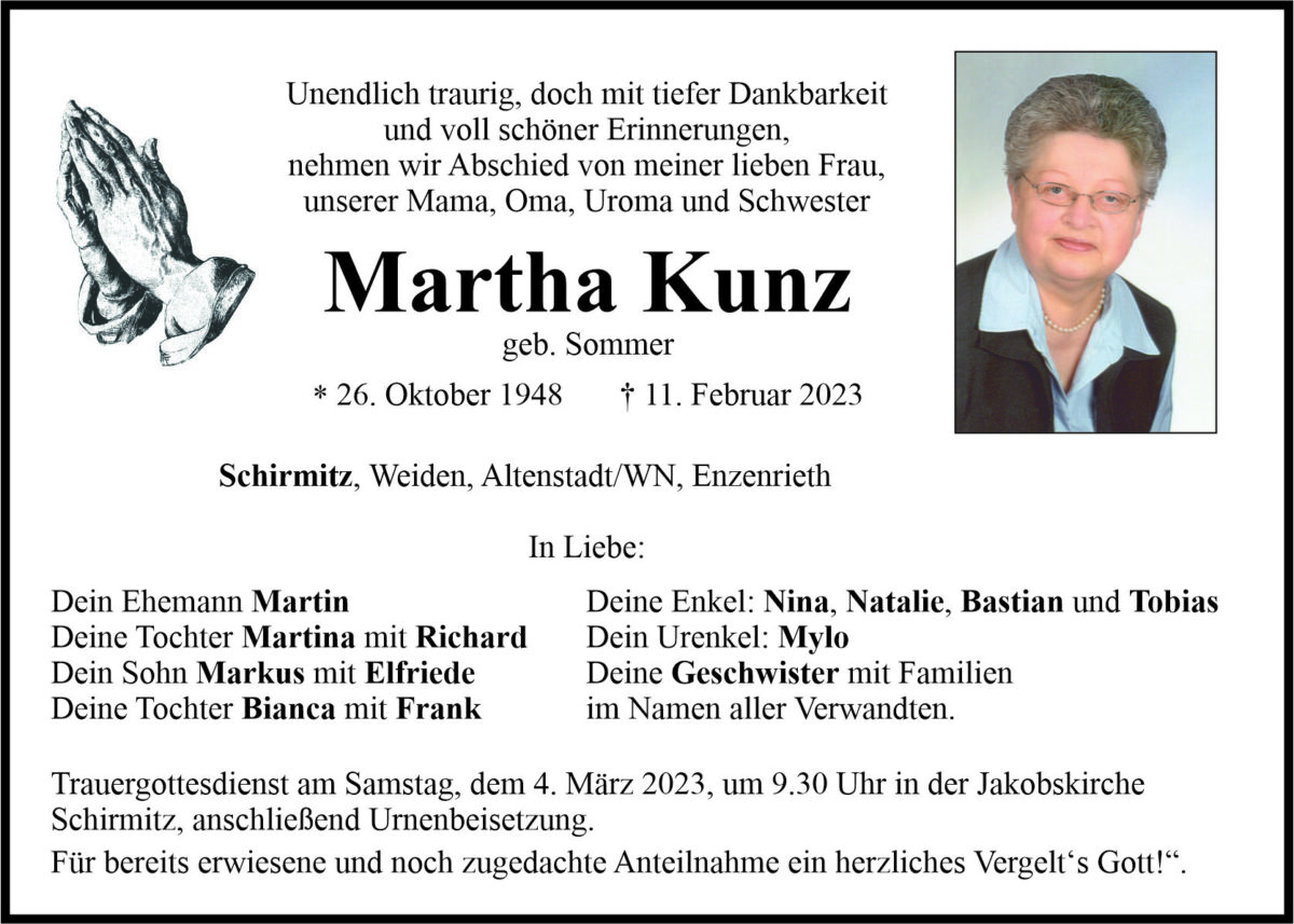 Traueranzeige Martha Kunz, Schirmitz