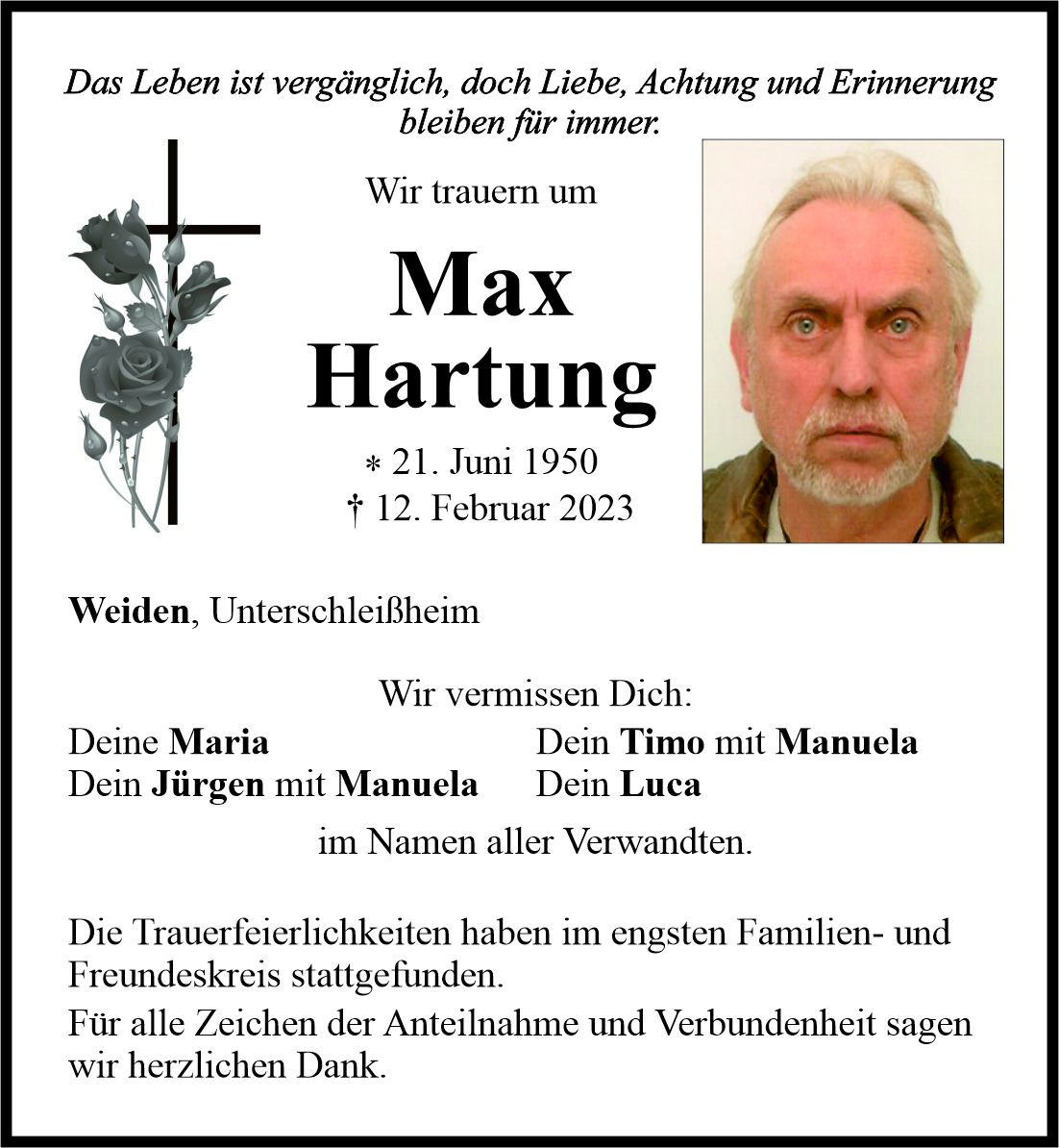 Traueranzeige Max Hartung, Weiden