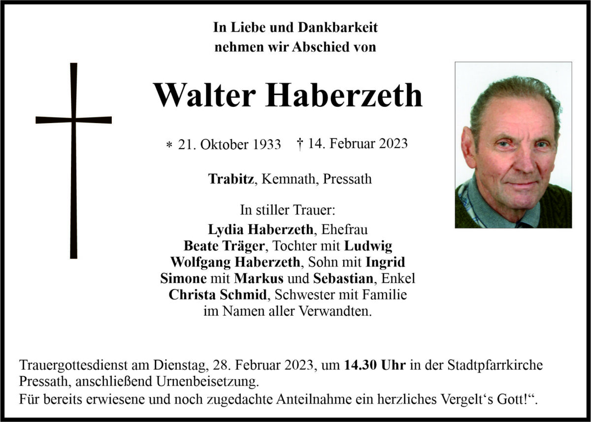 Traueranzeige Walter Haberzeth, Trabitz