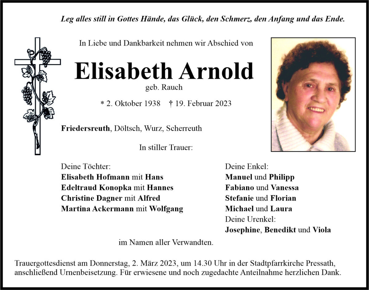 Traueranzeige Elisabeth Arnold, Friedensreuth