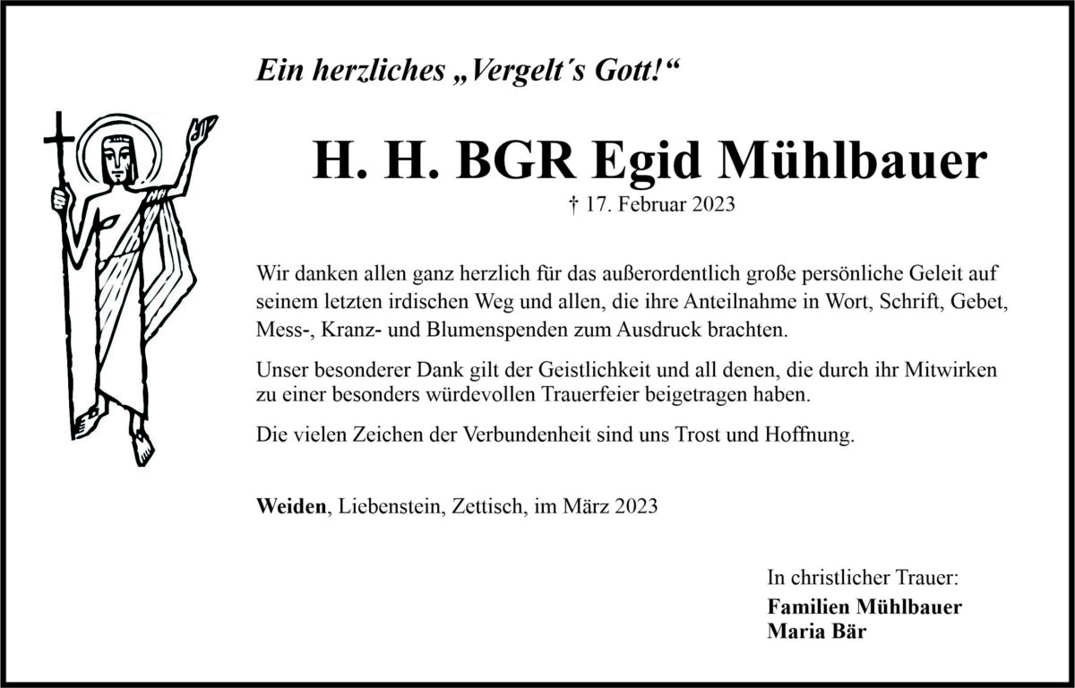 Danksagung H. H. BGR Egid Mühlbauer, Weiden