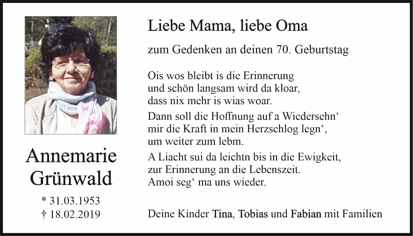 Gedenkanzeige Annemarie Grünwald